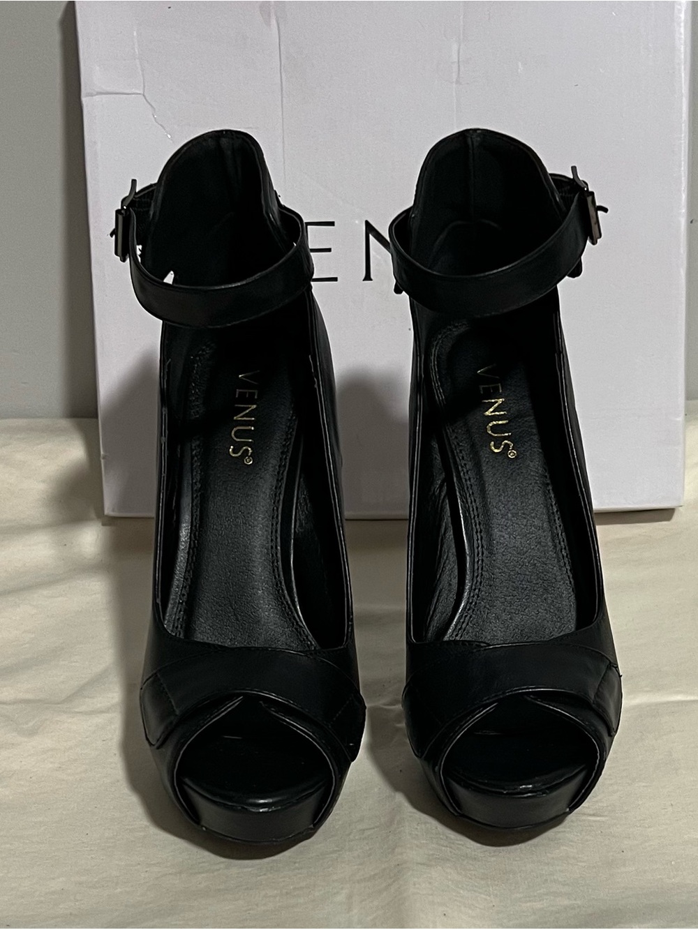 VENUS Black Peep-Toe Ankle-Strap Platform Heels